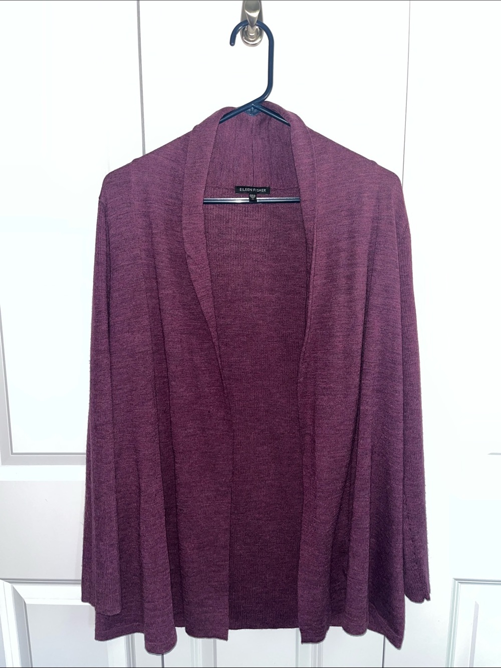 Eileen Fisher Plum Merino Wool Open-Front Draped Cardigan Sweater, Size Medium